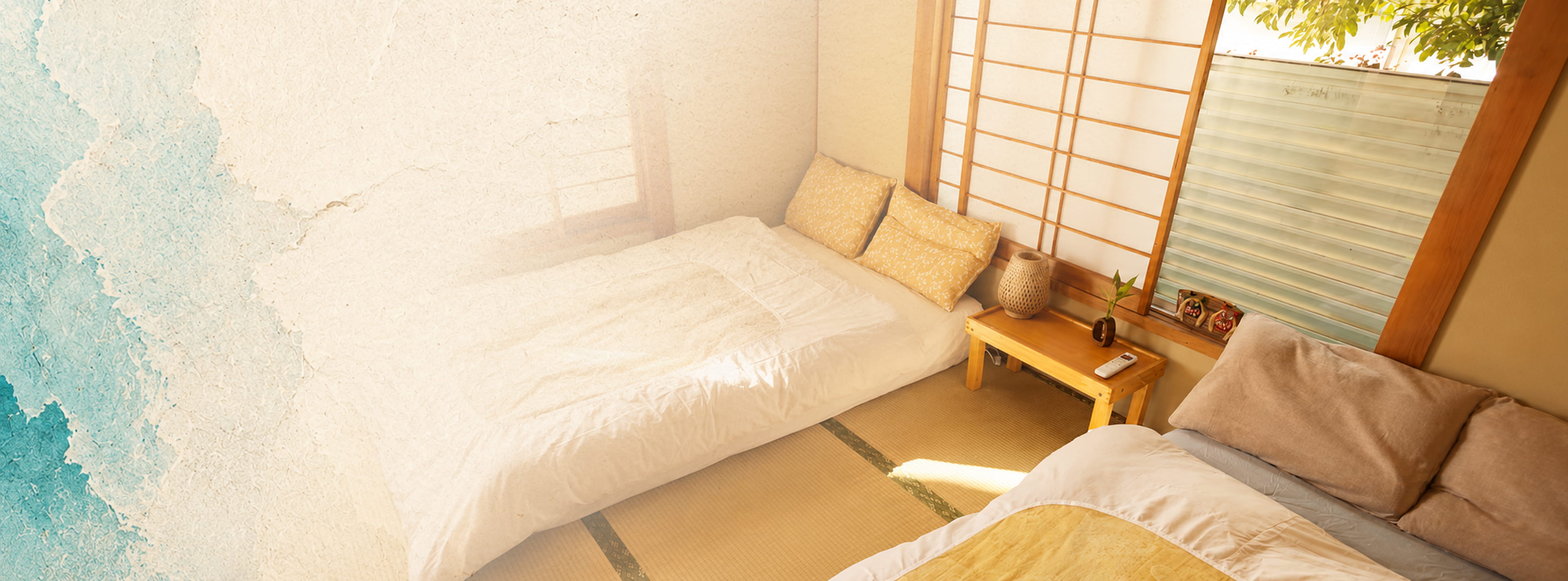 Sunlit traditional Japanese bedroom with tatami flooring