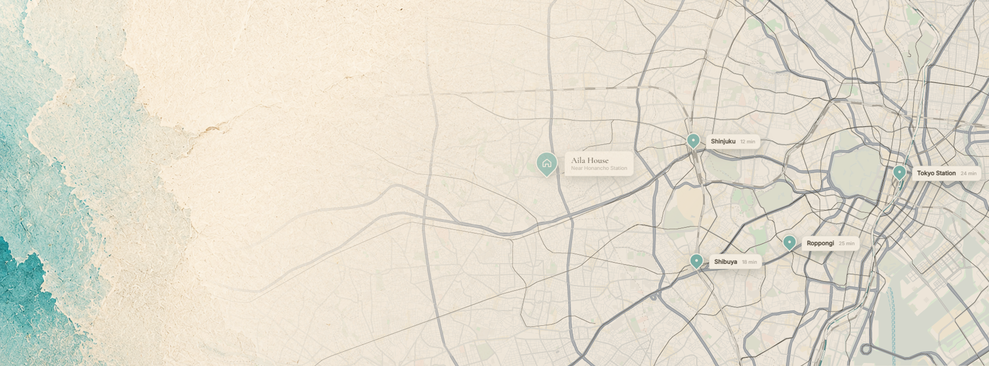 Map showing Aila House and nearby Tokyo destinations
